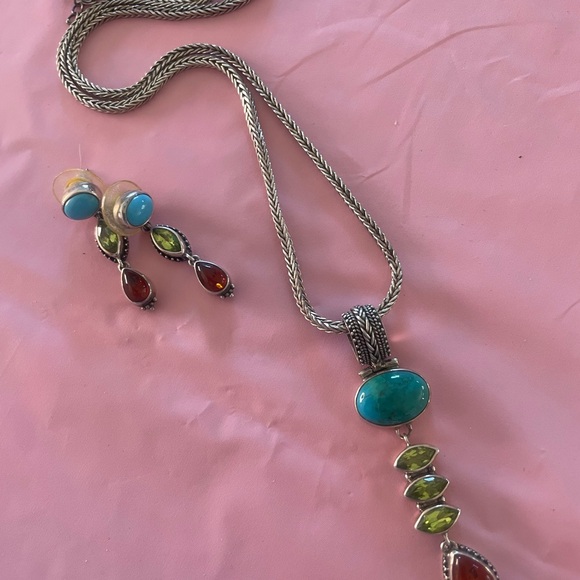 Lori Bonn necklace with matching earrings. 925, amber, peridot and turquoise - Picture 4 of 4